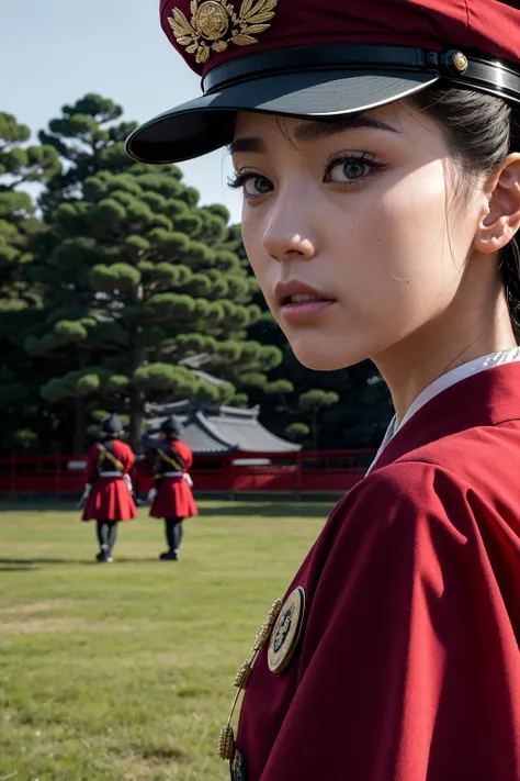 (masterpiece:1.2), (best quality:1.2) (detailed) (intricate) (8k) (HDR)
female Japanese imperial uniform, Extreme close up, cap, very extreme close up
war field, explosions,