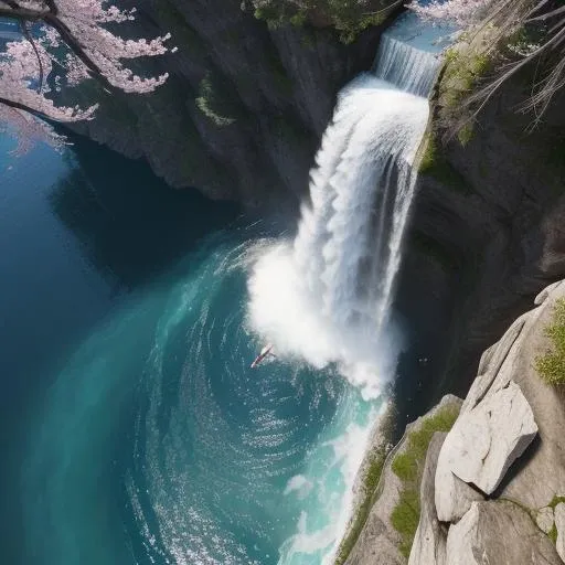 cloud, cherry blossom, day, fantasy, fish, lake, landscape, high snowy mountain, no_humans, ocean, outdoors, river, scenery, sky, splashing, water, watercraft, waterfall, waves, ultra realistic, photorealistic, sea, ocean, (reflection), (ray tracking), (unreal engine), (Japanese), top view, high elevation, (water reflection), (clear water), photorealistic, 8k, unreal engine, super great 3d render, 3d, 3d ray tracking, liquid, super high quality, (super close look at water)