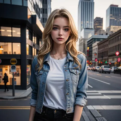 dramatic lighting, girl, beautiful, pretty, best render, realistic, teenage, blonde, posing, great body, upper body portrait, sfw, clothes, regularly dressed, jacket, t shirt, ((cityscape)), ((modern))