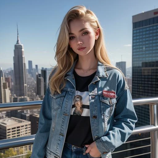 dramatic lighting, girl, beautiful, pretty, best render, realistic, teenage, blonde, posing, great body, upper body portrait, sfw, clothes, regularly dressed, jacket, t shirt, ((cityscape)), ((modern))