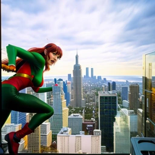 <lora:HanniNEW:1> 35mm film comic art of a woman fighting green goblin, city in background