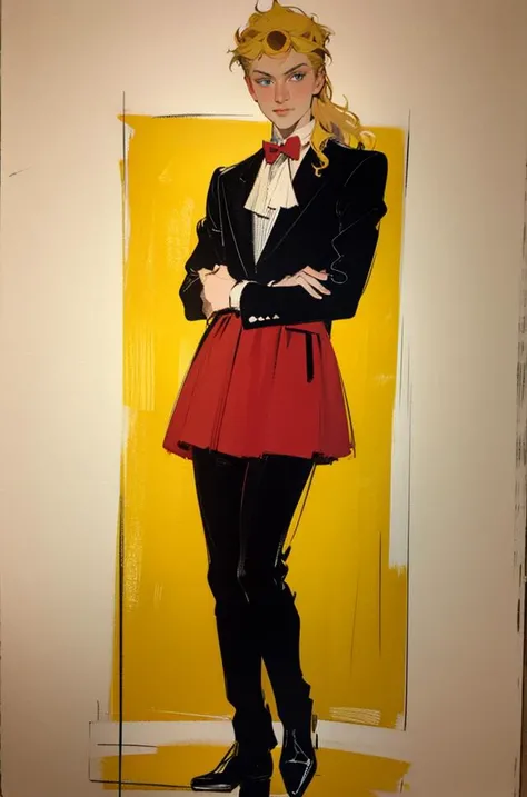bouguereau, leyendecker, oilpainting, masterpiece, best quality, giorno giovanna, red outfit, cy twombly, dark high contrast colorful saturated, neon red, rough scribbling, loose brushstrokes, medium shot, cowboy shot, bauhaus, mondrian cubist background, 1920s german expressionism, long blonde hair, bright blue eyes, <lora:ANYgiornojojo-000005:0.8>, flat chest