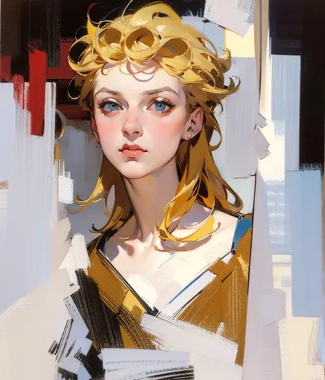 bouguereau, leyendecker, oilpainting, masterpiece, best quality, giorno giovanna, blue outfit, cy twombly, dark high contrast colorful saturated, neon red, rough scribbling, loose brushstrokes, looking at viewer, bauhaus, mondrian cubist background, 1920s german expressionism, long blonde hair, <lora:ANYgiornojojo-000005:0.8>