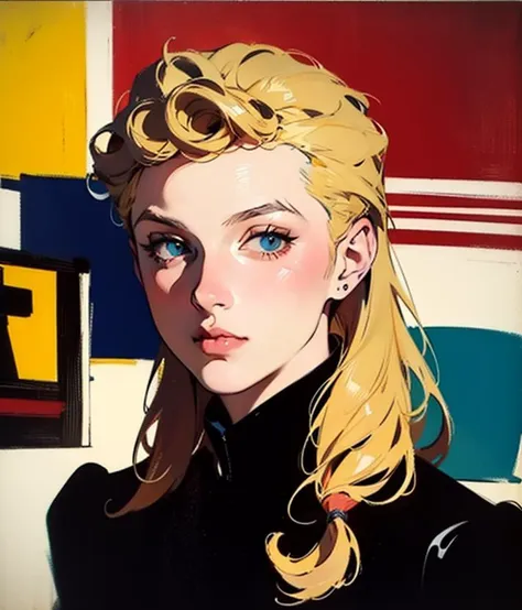 bouguereau, leyendecker, oilpainting, masterpiece, best quality, giorno giovanna, blue outfit, cy twombly, dark high contrast colorful saturated, neon red, rough scribbling, loose brushstrokes, closeup, portrait, looking at viewer, bauhaus, mondrian cubist background, 1920s german expressionism, long blonde hair, <lora:ANYgiornojojo-000005:0.8>