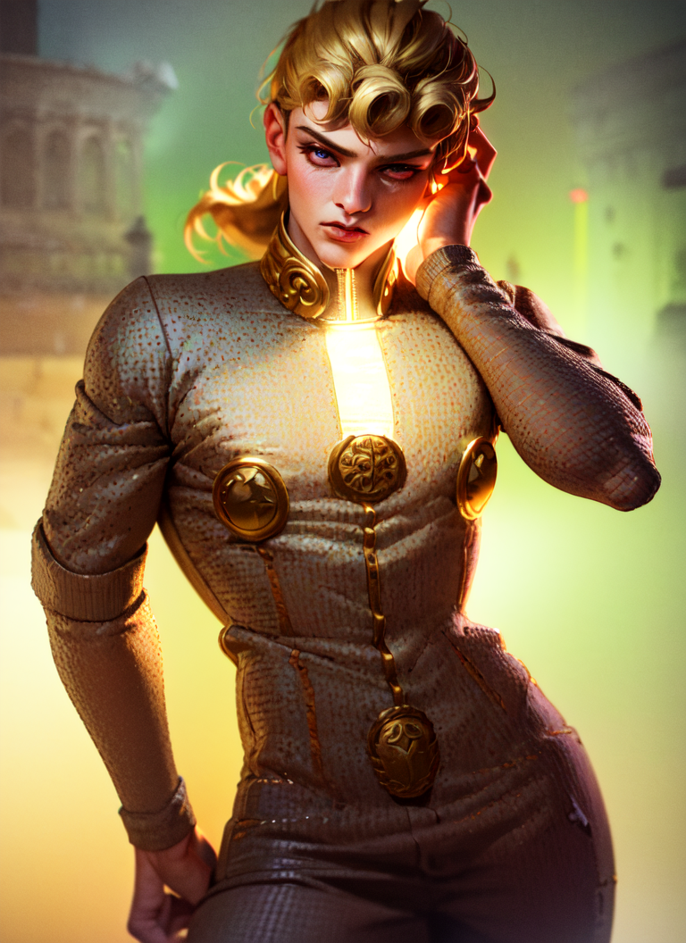 A close up of a woman in a gold outfit holding a sword - SeaArt AI