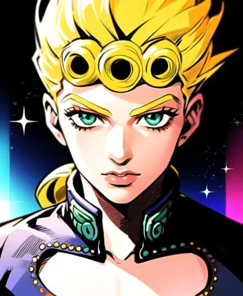 <lora:giornojojo:1.2> anime style, ((solo)). , halfbody, giorno, jojo, gionojojo, 1boy, male, blonde hair, green eyes, eyelashes, clear eyes, character portrait ((colorful)) <lora:TESTArakiHirohikoArt_v2:0.7> arakistyle artstyle