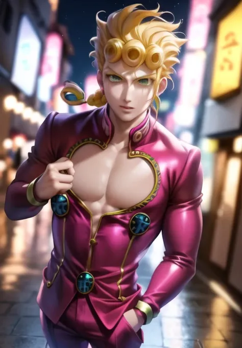 <lora:giornojojo:1.2> anime style, ((solo)). fullbody, pectorals, giorno, jojo, gionojojo, pink suit, pink top, 1boy, male, blonde hair, green eyes, eyelashes, clear eyes, character portrait ((colorful)) ((detailed dbackground, italy, night lights, 4k)) <lora:sakimiChanLora_v10:1> sakistyle