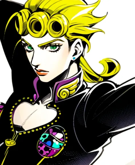 <lora:giornojojo:1.2> manga style, ((solo)). , halfbody, giorno, jojo, gionojojo, 1boy, male, blonde hair, green eyes, eyelashes, clear eyes, character portrait ((colorful)) <lora:TESTArakiHirohikoArt_v2:0.7> arakistyle