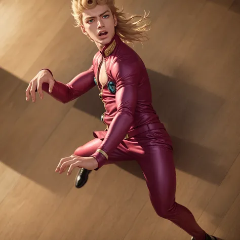 1boy,shouting,(looking at viewer),((scared)),shiny skin,(skindentation),wide angle,on floor, big eyes, from above, from side,
best quality, ultra high res,(photorealistic:1.4), <lora:giornoGiovanna_v2:1> ((solo)). fullbody, pectorals, giorno, jojo, gionojojo, pink suit, pink top, 1boy, male, blonde hair, green eyes, eyelashes, clear eyes, character portrait ((colorful)) ((italy, 4k))