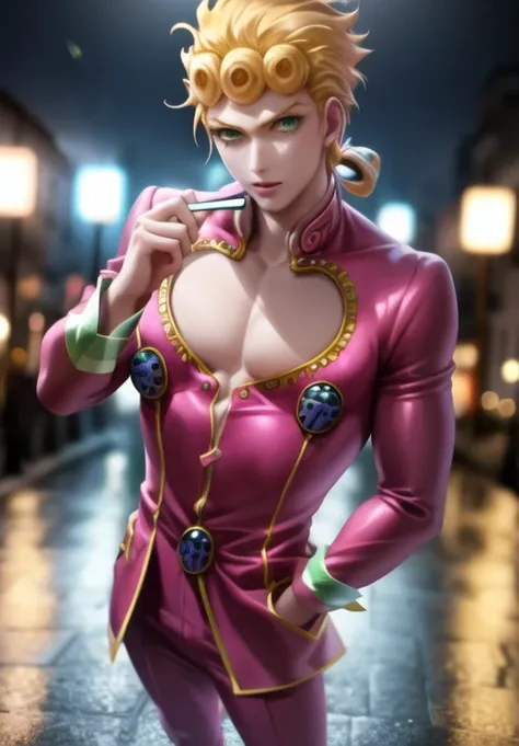 <lora:giornojojo:1.2> anime style, ((solo)). fullbody, pectorals, giorno, jojo, gionojojo, pink suit, pink top, 1boy, male, blonde hair, green eyes, eyelashes, clear eyes, character portrait ((colorful)) ((detailed dbackground, italy, night lights, 4k)) <lora:sakimiChanLora_v10:1> sakistyle