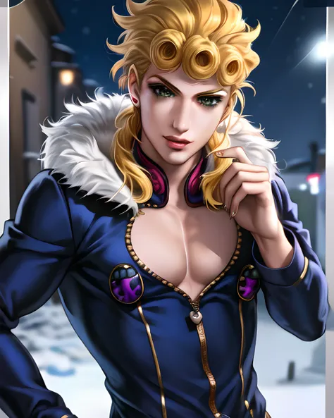 <lora:giornojojo:1.1> detailed face, perfect eyes irises pupils, nose, anime style, ((solo)). fullbody, giorno, jojo, winter coat, snow, 1boy, male, blonde hair, green eyes, eyelashes, clear eyes, character portrait ((colorful)) ((detailed background, italy, night lights, 4k)) <lora:dandonfugaStyleLora_dandonfugaAnythingV3:0.8> sakistyle <lora:sakimiChanLora_v10:0.4>
