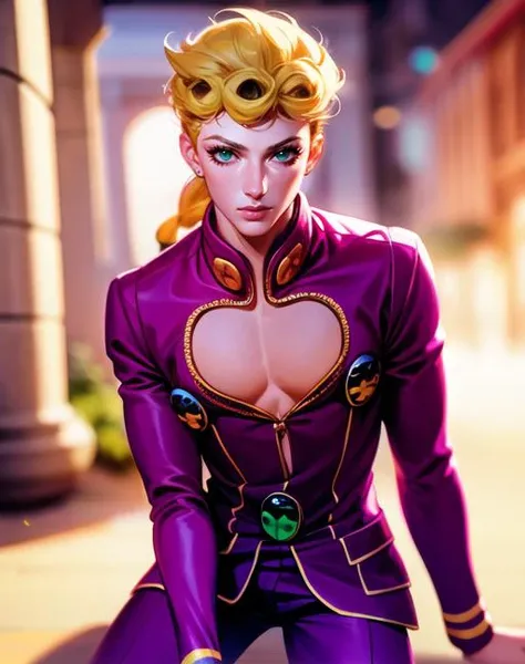 perfect face, 1boy, male, young, looking at viewer, slight smile, green eyes, giornojojo, ladybug, masterpiece, fullbody portrait, hires, cleavage cutout, pink outfit, braid, male focus, realistic:0.3, blurry background, digital art, painting, photoshop (medium), beautiful eyes, eyelashes, blonde, <lora:ANYgiornojojo-000005:1>