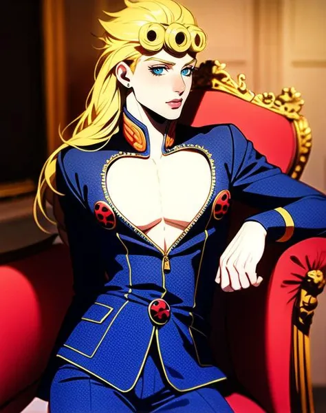 perfect face, long hair, hair down, solo, 1boy, male, young, looking at viewer, blue eyes, giornojojo, ladybug, masterpiece, cowboy shot, portrait, hires, cleavage cutout, blue outfit, male focus, realistic:0.6, blurry background, digital art, painting, photoshop (medium), beautiful eyes, eyelashes, blonde, ethereal, amazing image, throne, chair, <lora:ANYgiornojojo-000005:1>
