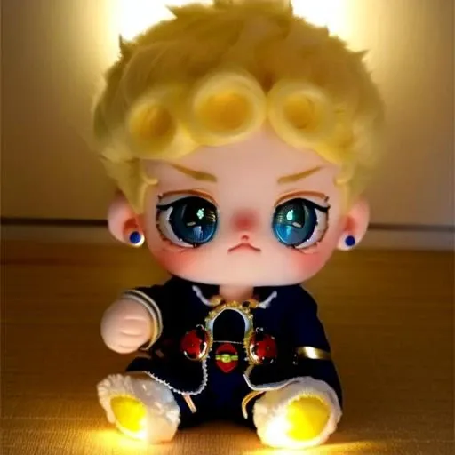 blue stud earrings, mianhuawawa, 1boy, blue eyes, solo, pectoral cutout, giornojojo, /outfit/, blonde, suit, ladybug, cute, plushie, photo, amazing lighting, doll, <lora:ANYgiornojojo:0.90>