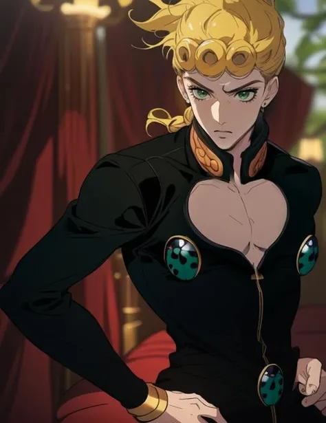 perfect face, beautiful lighting, dark theme, green eyes, highres, solo, 1boy, giornojojo, male focus, pectorals, chest, black outfit, wing ornament, ladybug ornament, clothing cutout, blonde hair, semi realism, giorno, upper body, hand on hip, simple background, manga, <lora:ANYgiornojojo:0.92>