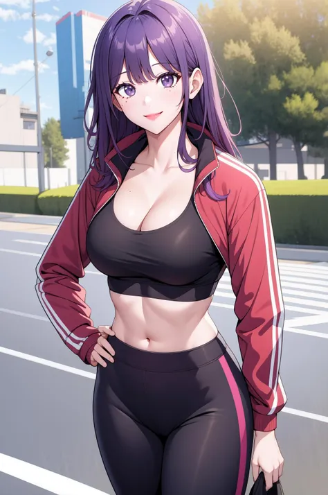 (masterpiece, best quality), outdoors, standing, day, crop top, yoga pants, cleavage, track jacket, smile, looking at viewer, <lora:Kang SuyeonV3:1>, fwkang
