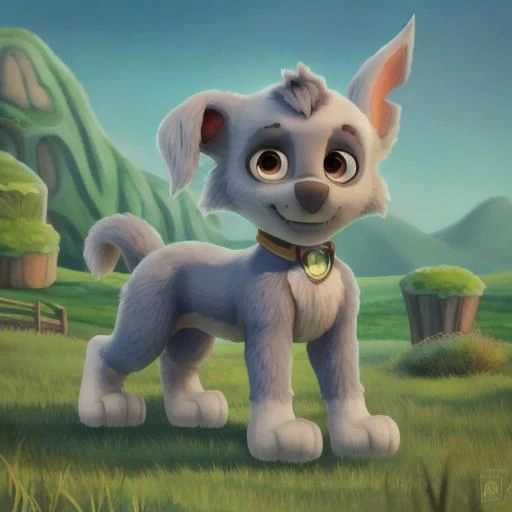 {(paw patrol), rocky, grey fur, male, (feral), brown eyes, full body, feral, realistic fur, grassland, anatomically correct, body correct, male body correct, detailed, detailed background, best quality, masterpiece, detailed eyes, detailed puppy, pup, best tail, tail, (right floppy ear), left eye mark}