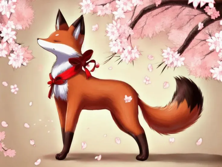anime_Japanese style_animal_fox_quadrupedal locomotion_full body shot_side shot_brown_background Cherry tree_falling cherry blossom leaves_red ribbon tail