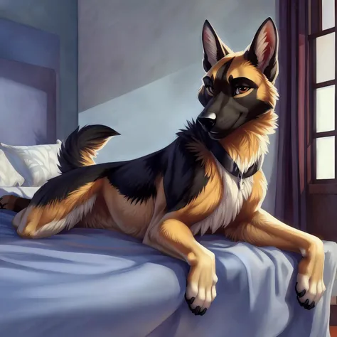 full body, feral, german shepherd, looking at viewer, bedroom, bed, laying, [best quality, shaded, extreme detail, highly detailed, ultradetailed, intricate, realistic], detailed background, by Enki Bilal, by wolfy-nail, by Michael & Inessa Garmash, Ruan Jia, by drmax,