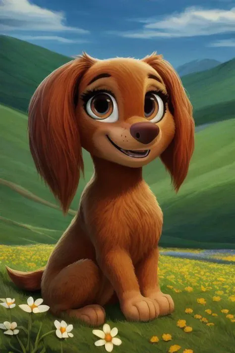 paw patrol, liberty, dachshound, female, feral, ((short legs)), tail, full body, ((solo)), sitting, looking at viewer, happy, meadow, flowers, realistic fur, anatomically correct, detailed, detailed fur, best quality, masterpiece, detailed eyes, detailed pupil,