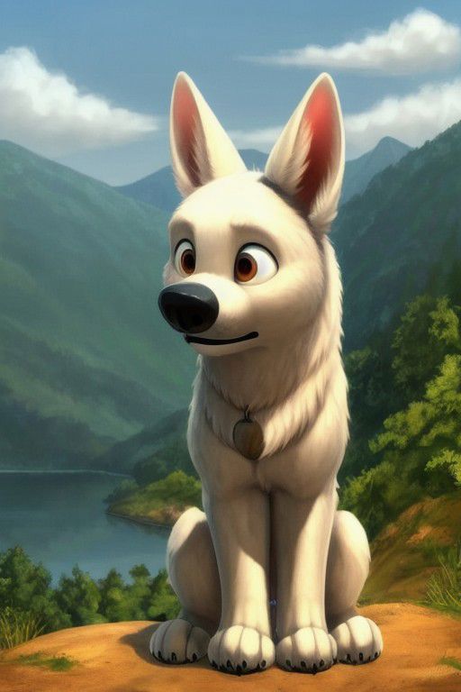 A close up of a dog sitting on a rock near a lake - SeaArt AI