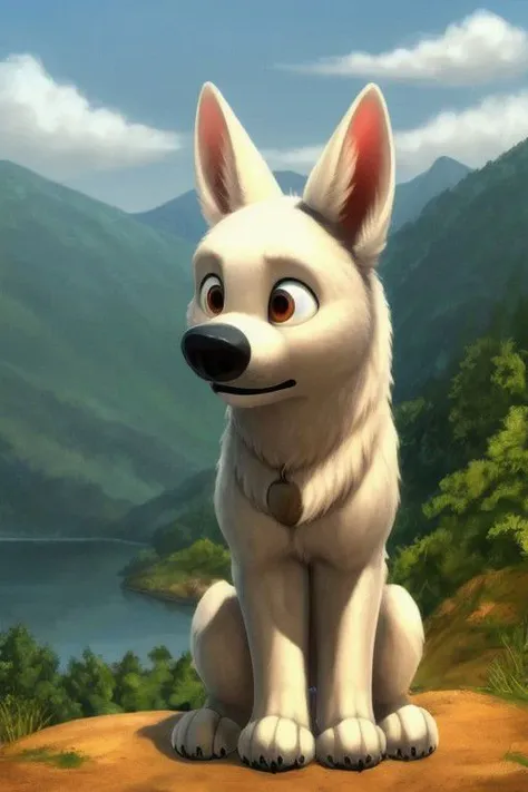 bolt, dog, male, feral, ((solo)), sitting, view of the forests mountains and lake, best landscape, realistic fur, anatomically correct, detailed, detailed background, best quality, masterpiece, detailed eyes, detailed pupil,