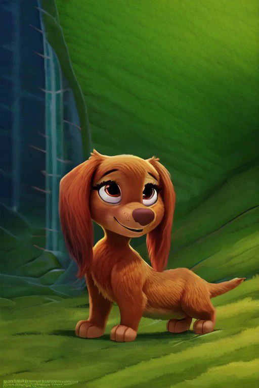 {paw patrol, liberty, dachshund, longhair dachshund, female, feral, brown eyes, realistic fur, forest lake, short legs, anatomically, rotate on back, liberty tail, tail, female body correct, body correct, detailed, detailed background, best quality, masterpiece, detailed eyes, adult puppy,}