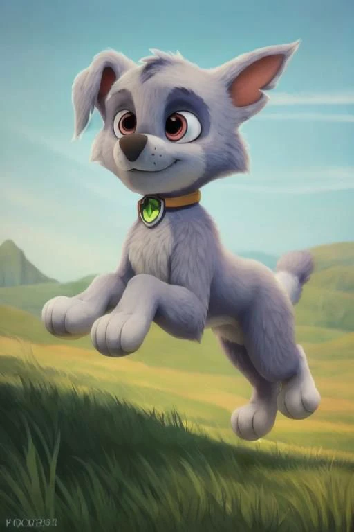 {rocky, paw patrol, grey fur, left eye marking, (right floppy ear), male, feral, best tail, ((solo)), jump, jumping, barks, grassland, anatomically correct, realistic fur, detailed, detailed background, best quality, masterpiece, detailed eyes, detailed pup, pupil, play, ball play, muzzle in grass, full body,}