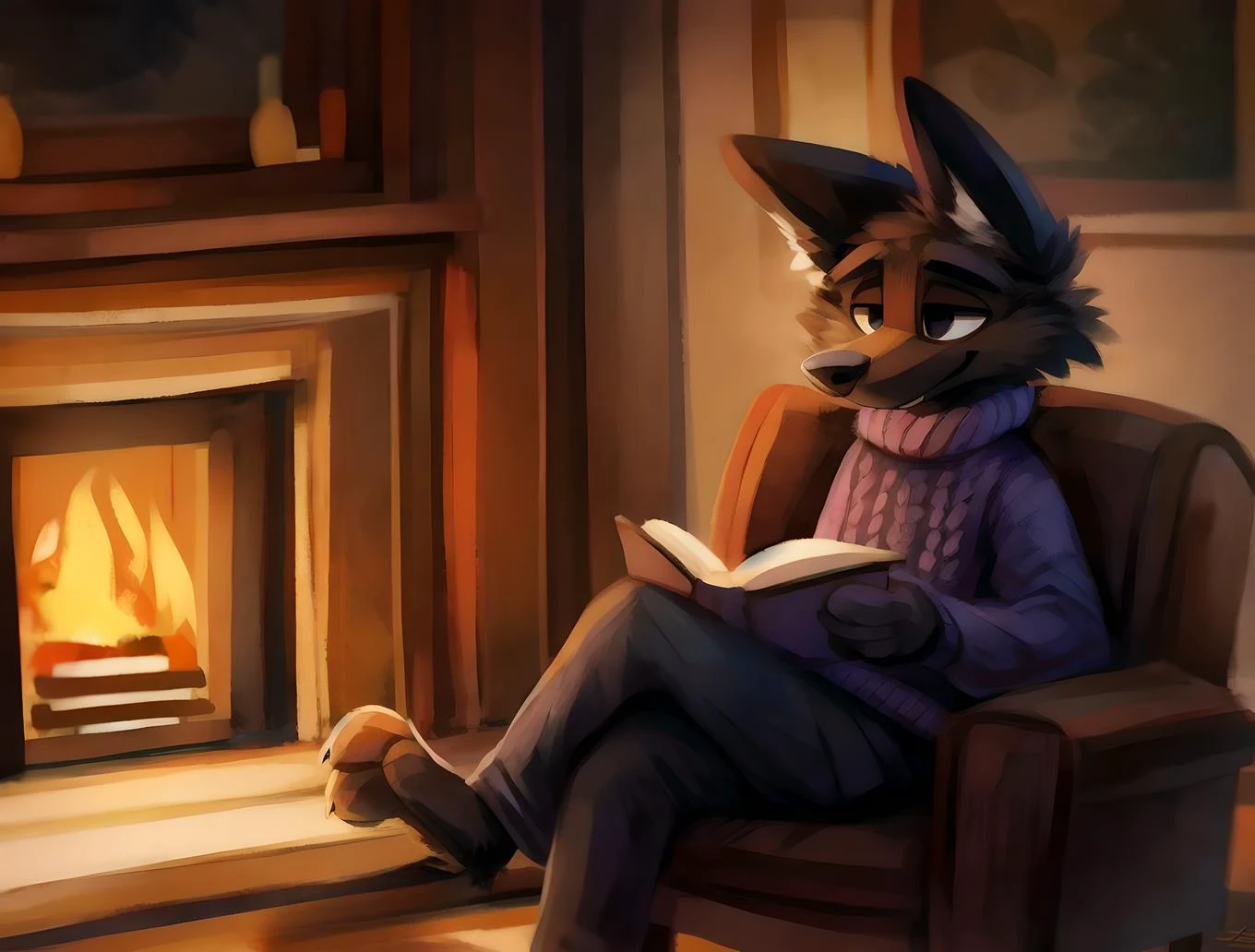 furry, SFW, Black dog, sitting on a chair, reading a book, wearing a purple sweater and black pants, fireplace, cozy, warm tones, <lora:Jacato:0.8> jacota , by jacato, art by jacato,