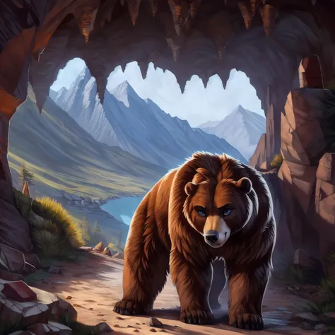 feral, bear, looking at viewer, cave,, [best quality, shaded, extreme detail, highly detailed, ultradetailed, intricate, realistic], detailed background, by Enki Bilal, by wolfy-nail, by Michael & Inessa Garmash, Ruan Jia, by drmax,