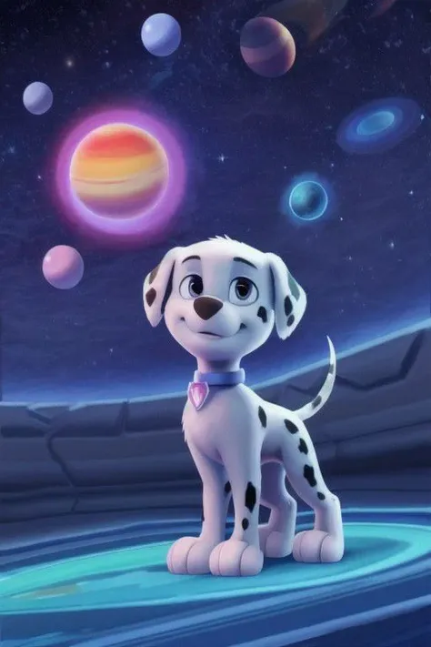 paw patrol, marshall, dalmatian, male, feral, ((solo)), standing, high light, ((planets)), fire meteor, nebula, stars, universe, ((cosmos)), crystal, ((colored crystals)), (((focus on character))), burning sky, anatomically correct, detailed, detailed background, best quality, masterpiece, detailed eyes, detailed pupil, OverallDetail,