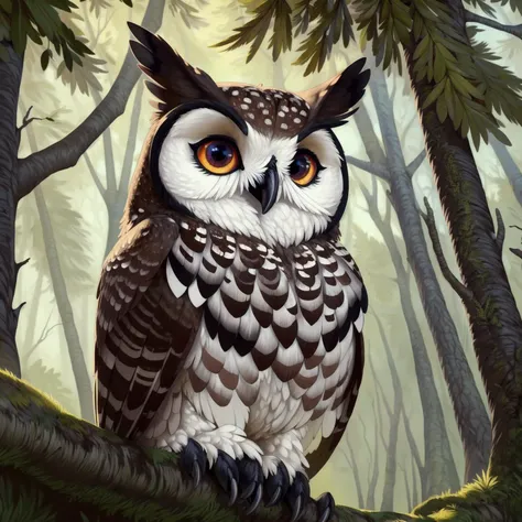 feral, owl, looking at viewer, forest,, [best quality, shaded, extreme detail, highly detailed, ultradetailed, intricate, realistic], detailed background, by Enki Bilal, by wolfy-nail, by Michael & Inessa Garmash, Ruan Jia, by drmax,