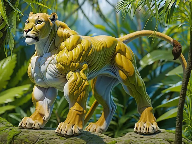 (feral:1.4), lioness, 4 toes, bulbous swollen muscles, hyper muscular, serratus, extremely exposed muscles, huge paws, animal muscle definition, (minihead:1.4), inflated, latissimus obliques deltoids, prominent calves, hyper realism, ultra-high detail, jungle <lora:difConsistency_photo:0.382>