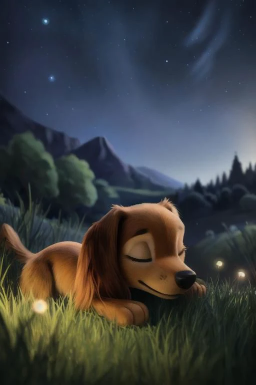 ((liberty)), (paw patrol:0.8), dachshund, short legs, (long snout:1.6) female, feral, ((solo)), colar, lying, on front, sleeping, eyes closed, realistic fur, grass, night, by crumbles, anatomically correct, detailed, detailed background, best quality, masterpiece, detailed eyes, detailed pupil,