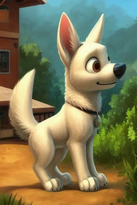 bolt, dog, male, feral, ((solo)), standing, marking body, side view,  anatomically correct, detailed, detailed background, best quality, masterpiece, detailed eyes, detailed pupil,