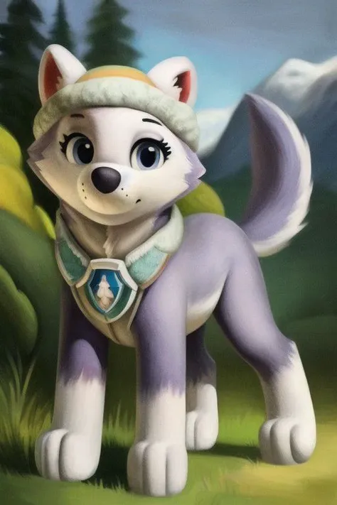 everest, paw patrol, husky, ((solo)), female, feral, tail, hat, grass, standing, looking at viewer, by crumbles, full body, anatomically correct, realistic fur, detailed, detailed, background, best quality, masterpiece, detailed eyes, detailed pupil, ((full body)),