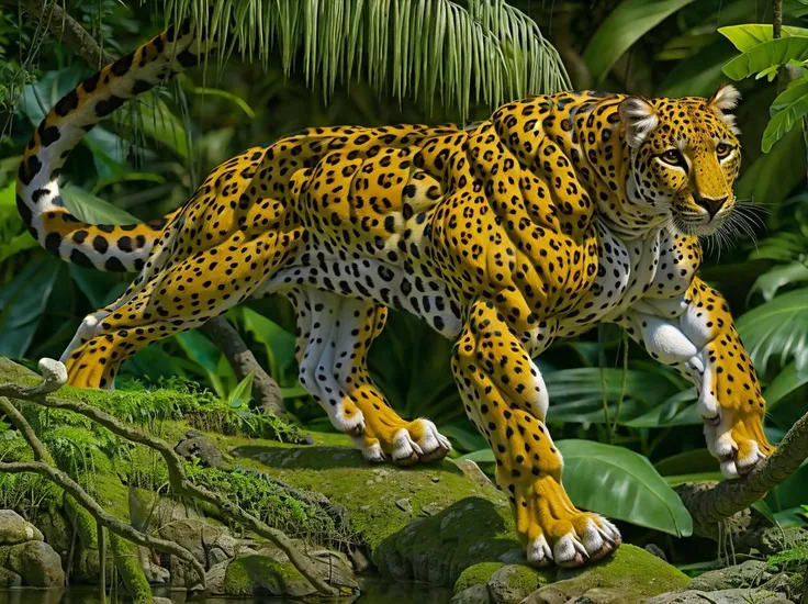 (feral:1.4), leopard, 4 toes, bulbous swollen muscles, hyper muscular, serratus, extremely exposed muscles, huge paws, animal muscle definition, (minihead:1.4), inflated, latissimus obliques deltoids, prominent calves, hyper realism, ultra-high detail, jungle <lora:difConsistency_photo:0.382> <lora:EdobLeopard_v1.0:0.191>