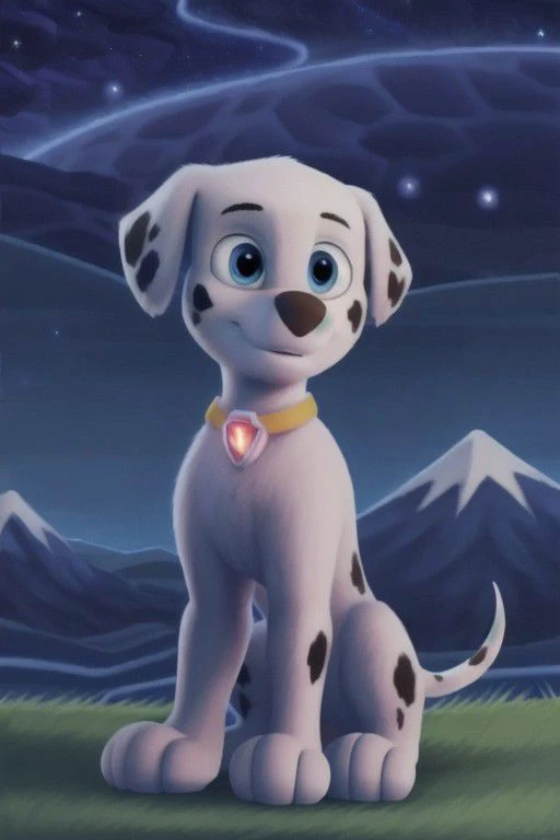 paw patrol, marshall, dalmatian, feral, male, ((solo)), sitting, realistic fur, nebula, stars, grass landscape, ((big mountain)), night, anatomically correct, detailed, detailed background, best quality, masterpiece, detailed eyes, detailed pupil,
