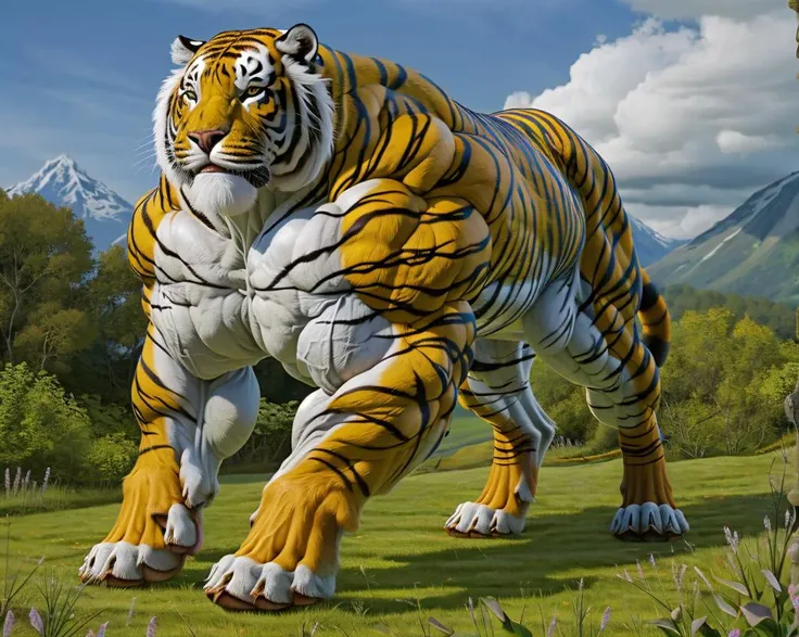 (feral:1.4), white tiger, bulbous swollen muscles, hyper muscular, serratus, [giant fat bloated body:bulbous swollen extremely exposed muscles:0.19], huge paws, animal muscle definition, (minihead:1.4), monstrous, inflated thighs, latissimus obliques deltoids, prominent calves, hyper realism, ultra-high detail, nature setting, <lora:difConsistency_photo:0.382>