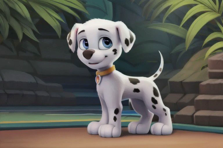 paw patrol, marshall, dalmatian, male, feral, ((solo)), standing, high light, jungle, (((focus on character))), anatomically correct, detailed, detailed background, best quality, masterpiece, detailed eyes, detailed pupil, OverallDetail,