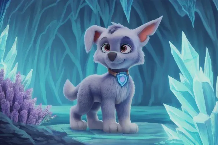 {rocky, paw patrol, grey fur, left eye marking, floppy one ear, tail, full body, ((solo)), male, high light, lightning crystal cave, crystal, colored crystal, flowers, crystal trees, realistic fur, anatomically correct, detailed, detailed fur, best quality, masterpiece, detailed eyes, detailed pupil,}