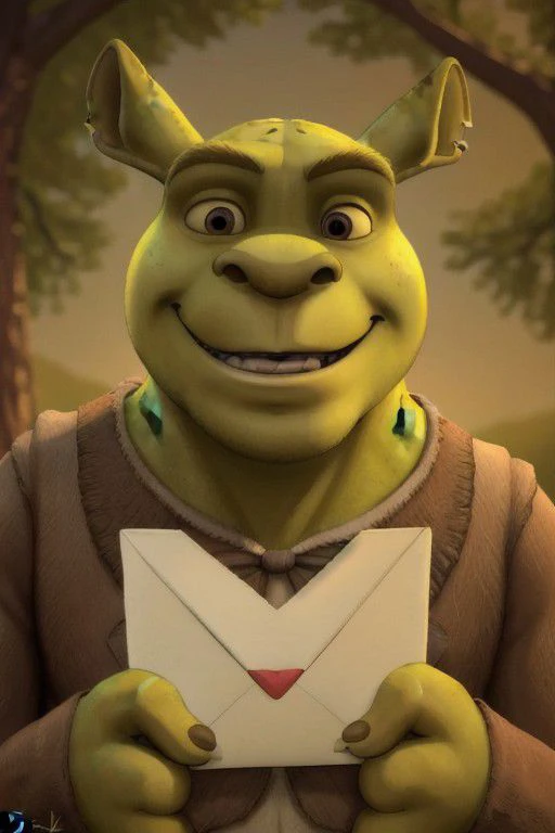 A profesional photo of letter delivery by shreek , embarased face, love letter, handsome shrek , sigma male, perfect quality masterpiece , realistic, 8k,