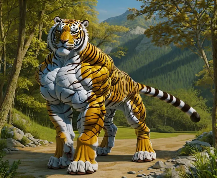 (feral:1.4), white tiger, bulbous swollen muscles, hyper muscular, serratus, [giant fat bloated body:bulbous swollen extremely exposed muscles:0.19], huge paws, animal muscle definition, (minihead:1.4), monstrous, inflated legs, latissimus obliques deltoids, prominent calves, hyper realism, ultra-high detail, nature setting, <lora:difConsistency_photo:0.382>