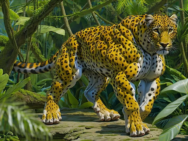 (feral:1.4), leopard, 4 toes, bulbous swollen muscles, hyper muscular, serratus, [giant fat bloated body:bulbous swollen extremely exposed muscles:0.19], huge paws, animal muscle definition, (minihead:1.4), inflated, latissimus obliques deltoids, prominent calves, hyper realism, ultra-high detail, jungle <lora:difConsistency_photo:0.382>  <lora:EdobLeopard_v1.0:0.191>
