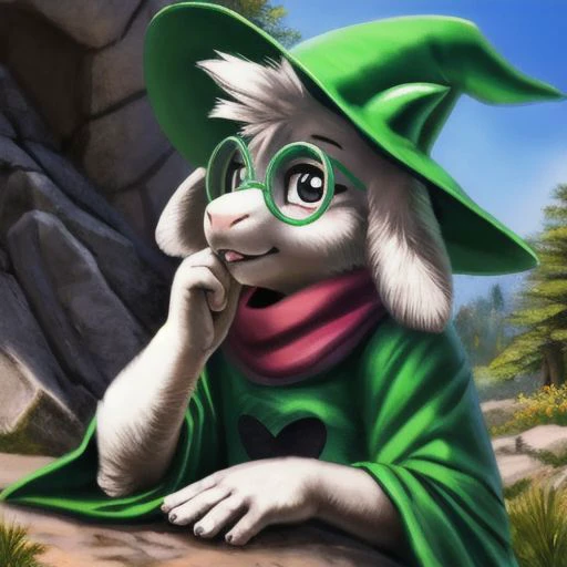 uploaded on e621, by Sabretoothed Ermine, by Supplesee, (fluffy), solo, , (goat), (((white fur))), (red scarf, green robe, green glasses), ((Ralsei)), cartoon, anthro, white hair, (soft shading), cyborg, saber into arms, implants, steel hand, 4k, hi res, five fingers, paws, detailed hands, ((detailed face)), face portrait, sitting, (hanging goat ears), masterpiece, landscape, portrait, detailed background, realistic, masterpiece, highest quality