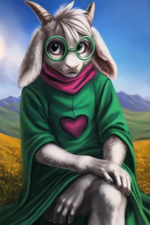 uploaded on e621, by Sabretoothed Ermine, by Supplesee, (fluffy), solo, , (goat), (((white fur))), (red scarf, green robe, green glasses), ((Ralsei)), cartoon, anthro, white hair, (soft shading), cyborg, saber into arms, implants, steel hand, 4k, hi res, five fingers, paws, detailed hands, ((detailed face)), face portrait, sitting, (hanging goat ears), masterpiece, landscape, portrait, detailed background, realistic, masterpiece, highest quality