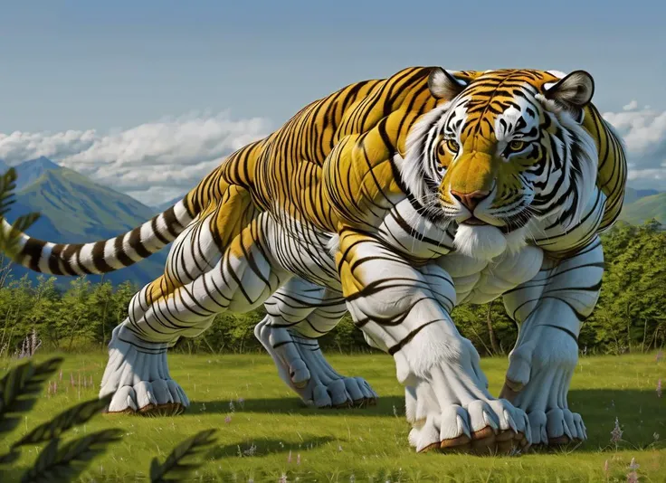 (feral:1.4), white tiger, bulbous swollen muscles, hyper muscular, serratus, [giant fat bloated body:bulbous swollen extremely exposed muscles:0.19], huge paws, animal muscle definition, (minihead:1.4), monstrous, inflated thighs, latissimus obliques deltoids, prominent calves, hyper realism, ultra-high detail, nature setting, <lora:difConsistency_photo:0.382>