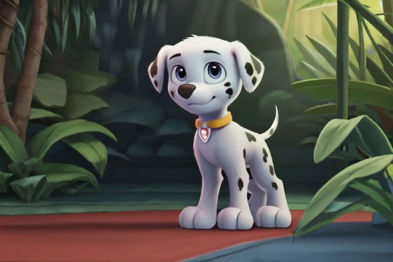 paw patrol, marshall, dalmatian, male, feral, ((solo)), standing, high light, jungle, (((focus on character))), anatomically correct, detailed, detailed background, best quality, masterpiece, detailed eyes, detailed pupil, OverallDetail,