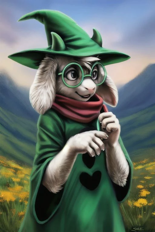 uploaded on e621, by Sabretoothed Ermine, by Supplesee, (fluffy), solo, , (goat), (((white fur))), (red scarf, green robe, green glasses), ((Ralsei)), cartoon, anthro, white hair, (soft shading), 4k, hi res, five fingers, paws, detailed hands, ((detailed face)), (((face portrait))), sitting, (hanging goat ears), masterpiece, landscape, portrait, detailed background, realistic, masterpiece, highest quality