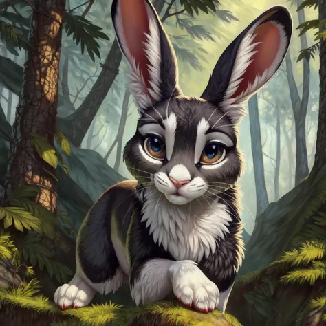 small, feral, rabbit, looking at viewer, forest,, [best quality, shaded, extreme detail, highly detailed, ultradetailed, intricate, realistic], detailed background, by Enki Bilal, by wolfy-nail, by Michael & Inessa Garmash, Ruan Jia, by drmax,